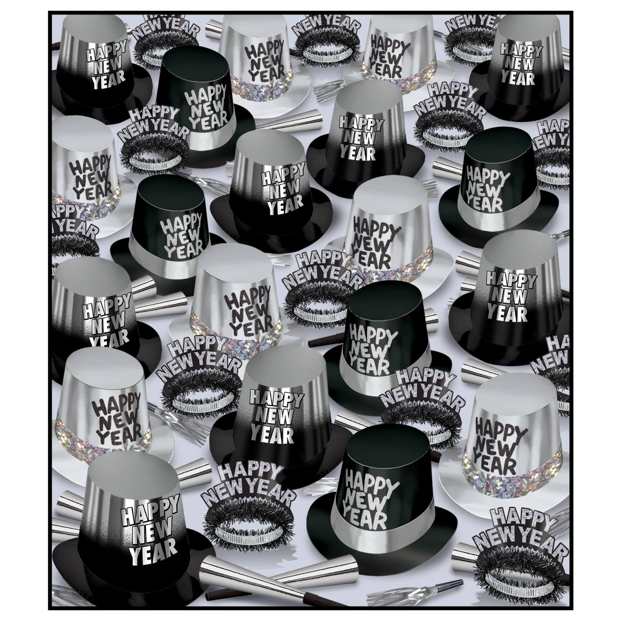 Beistle Black & Silver The Great New Year Assortment Kit for 300